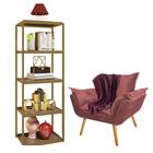 Kit Poltrona Fatte com Manta Soft Bordô e Estante Livreiro Ferro Dourado MDF Rústico Suede Rose Gold - Ahazzo Móveis