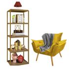 Kit Poltrona Fatte com Manta Soft Cinza e Estante Livreiro Ferro Dourado MDF Castanho Suede Amarelo - Ahz Móveis