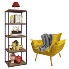 Kit Poltrona Fatte com Manta Soft Cinza e Estante Livreiro Ferro Marrom MDF Rústico Suede Amarelo - Ahz Móveis