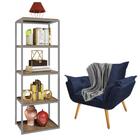 Kit Poltrona Fatte com Manta Soft Cinza e Estante Livreiro Ferro Prata MDF Castanho Suede Azul Marinho - Ahz Móveis