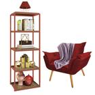 Kit Poltrona Fatte com Manta Soft Lilás e Estante Livreiro Ferro Bronze MDF Rústico Suede Vermelho - Ahz Móveis