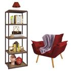 Kit Poltrona Fatte com Manta Soft Lilás e Estante Livreiro Ferro Marrom MDF Caramelo Suede Vermelho - Ahz Móveis