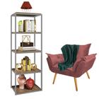 Kit Poltrona Fatte com Manta Soft Verde e Estante Livreiro Ferro Cinza MDF Rústico Suede Rose Gold - Ahazzo Móveis