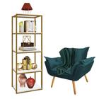 Kit Poltrona Fatte com Manta Soft Verde e Estante Livreiro Ferro Dourado MDF Branco Suede Azul Turquesa - Ahazzo Móveis