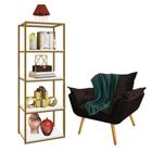 Kit Poltrona Fatte com Manta Soft Verde e Estante Livreiro Ferro Dourado MDF Branco Suede Marrom - Ahazzo Móveis