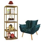 Kit Poltrona Fatte com Manta Soft Verde e Estante Livreiro Ferro Dourado MDF Castanho Suede Azul Turquesa - Ahz Móveis - AHAZZO MÓVEIS