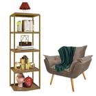 Kit Poltrona Fatte com Manta Soft Verde e Estante Livreiro Ferro Dourado MDF Freijó Suede Bege - Ahz Móveis