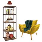 Kit Poltrona Fatte com Manta Soft Verde e Estante Livreiro Ferro Marrom MDF Carvalho Suede Amarelo - Ahazzo Móveis