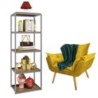 Kit Poltrona Fatte com Manta Soft Verde e Estante Livreiro Ferro Prata MDF Caramelo Suede Amarelo - Ahz Móveis