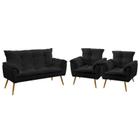 Kit Poltrona Namoradeira e 2 Poltronas Decorativas Almofadadas Opala Sued Preto Aradecor