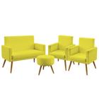 Kit Poltrona Namoradeira e 2 Poltronas Decorativas Estofada Nina Com Rodapé Puff Solar Sued Amarelo Aradecor