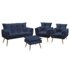 Kit Poltrona Namoradeira e 2 Poltronas Decorativas Estofada Sala De Estar Beta Puff Lunar Sued Azul Marinho Aradecor