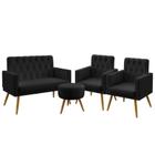 Kit Poltrona Namoradeira e 2 Poltronas Decorativas Nina Com Rodapé E Botões Capitonê Puff Solar Suede Preto Aradecor