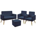 Kit Poltrona Namoradeira e 2 Poltronas Decorativas Nina Rodapé com Puff Quasar Botões Suede Azul Marinho Aradecor