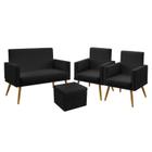 Kit Poltrona Namoradeira e 2 Poltronas Decorativas Vega com Puff Quasar Com Rodapé Couro Artificial Preto Aradecor