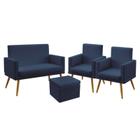 Kit Poltrona Namoradeira e 2 Poltronas Decorativas Vega Com Rodapé com Puff Quasar Suede Azul Marinho Aradecor