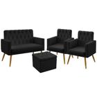 Kit Poltrona Namoradeira e 2 Poltronas Decorativas Vega Rodapé com Puff Quasar e Botões Couro Artificial Preto Aradecor