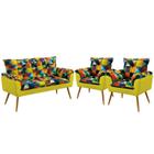 Kit Poltrona Namoradeira e 2 Poltronas Opala Suede Estampado Colorido com Amarelo Aradecor