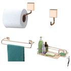 Kit Porta Papel Higiênico + Gancho + Toalheiro Duplo 45 Cm + Porta Shampoo Rose Gold