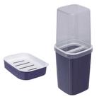 Kit porta sabonete saboneteira para viagem suporte escova dente com tampa pia banheiro plástico azul - Plasútil