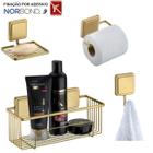 Kit Porta Shampoo Saboneteira Suporte Papel Higiênico Gancho Banheiro Adesivo Dupla Face Dourado - Future