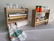 Kit Porta Tempero cozinha condimentos organizador 3 em 1 suporte papel toalha alumínio de madeira