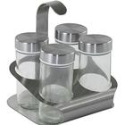 Kit Porta Temperos Condimentos Inox e Vidro 04 Pçs e Suporte