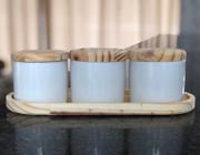 Kit Porta Treco / Condimentos / Mantimentos 200ml - 4 pçs - Potes Porcelana Bandeja e Tampa Pinus