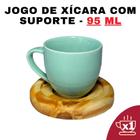 Kit Porta Xícara Circular Com Xícara Em Porcelana Verde 95Ml - Senhora Madeira