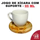 Kit Porta Xícara Redondo Com Xícara em Porcelana Branca 95ml - Design-Moderno-Conjunto-Café-Suporte-Prático-Alta-Qualidade - Senhora Madeira