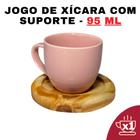 Kit Porta Xícara Redondo com Xícara em Porcelana Rosa 95ml Jogo de Chá e Café - Senhora Madeira