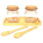 Kit Pote Potinhos de Vidro Temperos Açúcar Sal com Colher e Base de Bambu