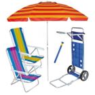 Kit Praia Carrinho Avanço + 2 Cadeira Reclin 8 Pos Alum + Guarda Sol 2,4m + Saca Areia - Mor