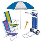 Kit Praia Carrinho Com Avanço + Guarda Sol 1,8m + 2 Cadeira Reclinável + Saca Areia - Mor