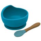 Kit Prato Infantil Bowl Fundo Com Ventosa e Colher de Silicone e Bambu Azul Kababy