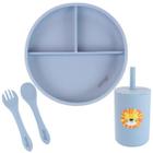 Kit Prato Infantil Copo de Silicone e Talheres Azul Clingo