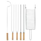 Kit Preparo Churrasco 6pcs Churrasqueira Espetos 55cm Simples e Duplo Cabo Madeira Mor