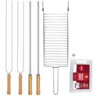 Kit Preparo Churrasco 6pcs Churrasqueira Grelha e Espetos 55cm Simples e Duplo Cabo Madeira