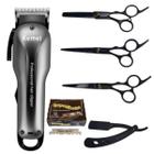 Kit Profissional Kemei 2603 Maquina Cortar Cabelo Elétrica + Kit Tesouras Profissionais