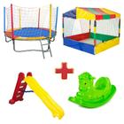 Kit Pula Pula Trampolim Cama Elástica 2,30m + Piscina de Bolinhas Quadrada 1,50m + Escorregador Grande + Gangorra 1 Lugar Rotoplay Brinquedos