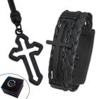 Kit Pulseira de Couro Masculina Crucifixo All Black + Colar Cruz Ajustável