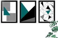 kit quadro decorativo 3 peças abstrato geometrico e linhas verde e preto decoração