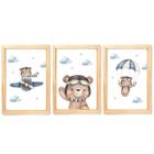 Kit Quadro Decorativo Infantil Ursinho Aviador Aquarela Azul