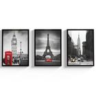 Kit Quadros Decorativos Cidades Moldura e Vidro Londres Paris Para Sala Torre Eiffel