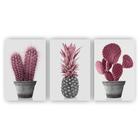 Kit Quadros Decorativos Sala 3 Pçs 80X60 Floral Cacto Rosa