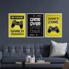 Kit Quadros Gamer Zone Amarelo E Preto 24X18Cm Vidro 3 Peças