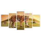 Kit Quadros Mosaico Pôr Felino Sol Campo Tigres Verde