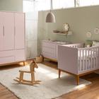 Kit Quarto Infantil Theo com Pés Square Mel - Berço + Cômoda 3 Gavetas e 1 Porta + Guarda-Roupa 3 Portas - Rosa