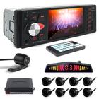 Kit Rádio C/ Tela 1 Din + Câmera Ré + Sensor 8 Pontos Preto Ford New Fiesta 2015 2016 2017 2018 USB Bluetooth