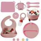 Kit Refeição Bebê Prato Babador Talher Silicone Ventosa 8 Pç